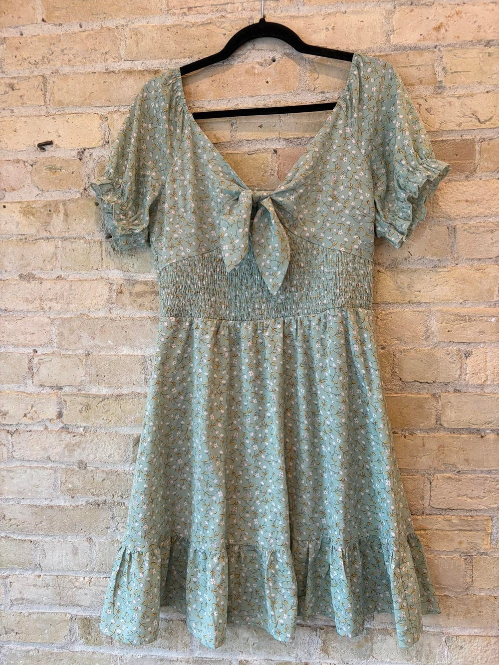 She + Sky Sage Green Floral Tie-Neck Smocked Dress